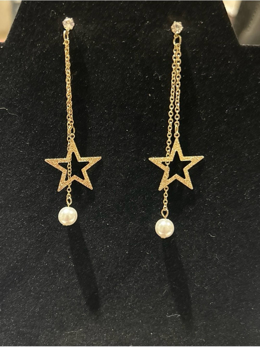Gold color Star Drop Earrings with faux Pearl Accent
